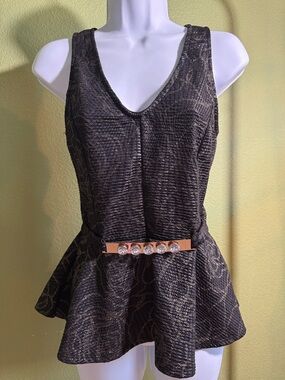 Y2K Metallic Jacquard Peplum Top - Black with Gold